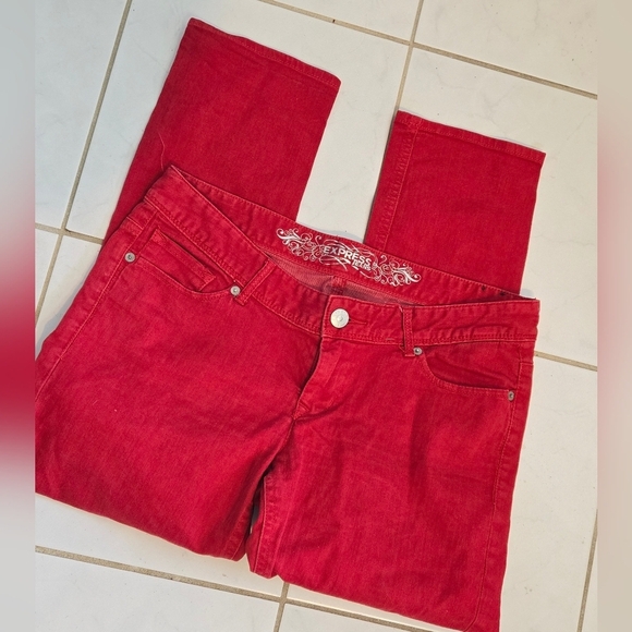 Express Red Denim Cropped Jeans Zella Ankle 10 Slim Skinny - Picture 1 of 10